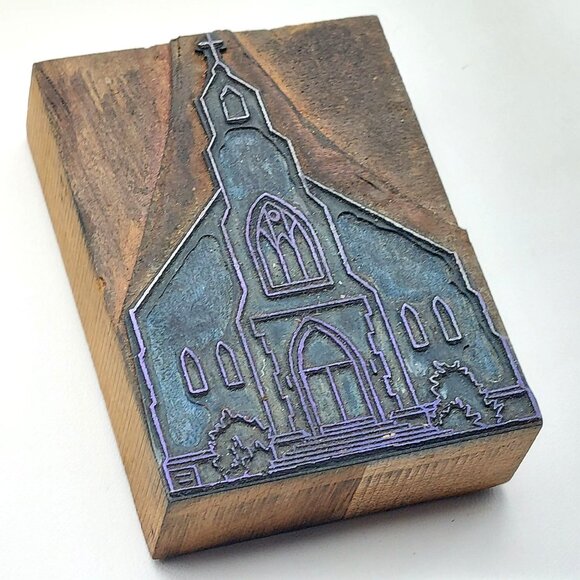 Vintage Church Letterpress Printing Block Newspaper Press Iowa Religious Decor - Picture 1 of 4